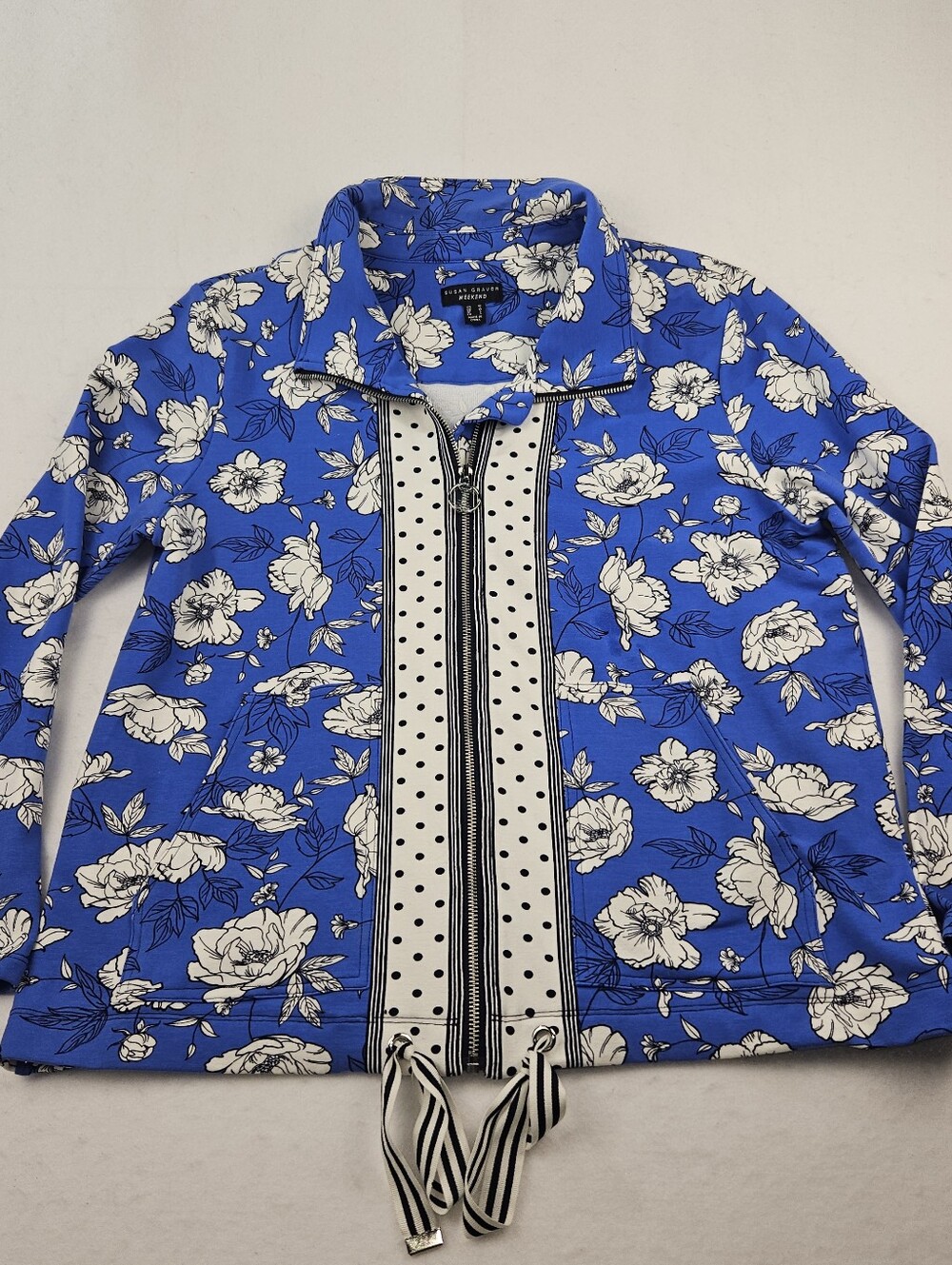 Susan Graver Weekend Blue Floral Zip-Up Women's Jacket w/ Polka Dot Trim Size M